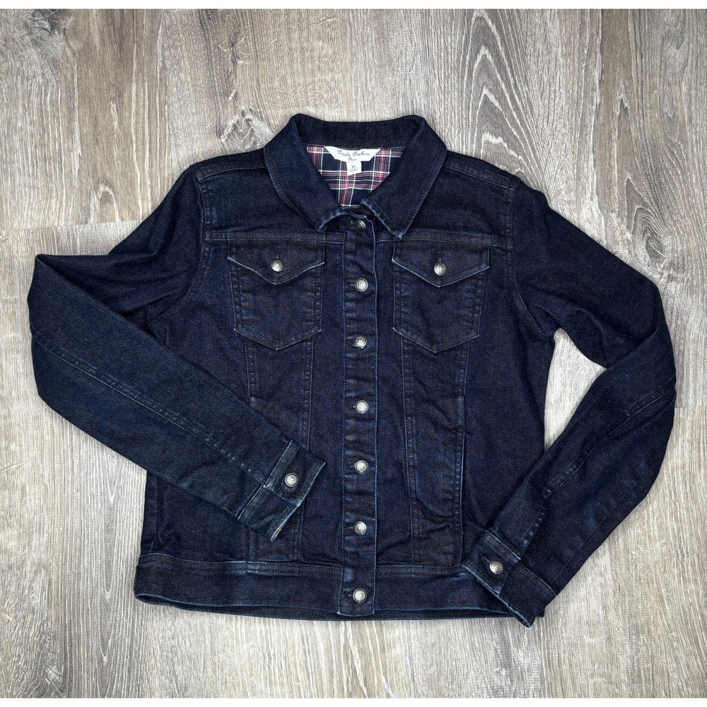 Brooks Brothers Fleece Kids XL Indigo Denim Trucker Jacket Plaid Lined Stretch